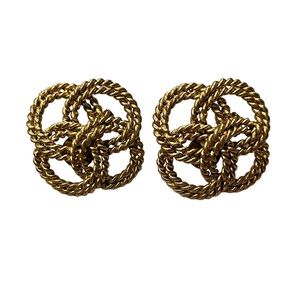 70s Chanel Large Quatrefoil Round Rope Link Clip On Yellow Gold Tone Earrings